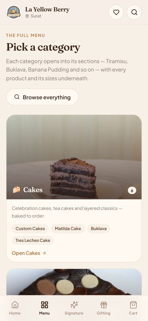 La Yellow Berry bakery catalogue on mobile inside Shopify — Cakes category card and a bottom tab bar with Home, Menu, Signature, Gifting and Cart