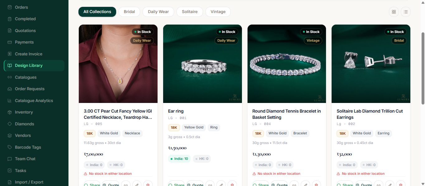Lumera online diamond jewellery catalogue by Yukti AI — product cards with collection filters, karat and metal tags, gross weight and diamond carat, price, and India / Hong Kong stock